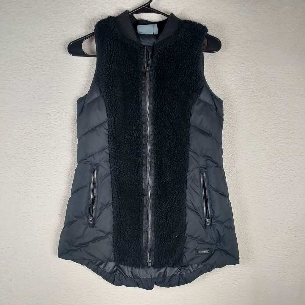 Athleta Black Sherpa Front Down Puffer Vest Women XXS Goose Down Zip Pockets